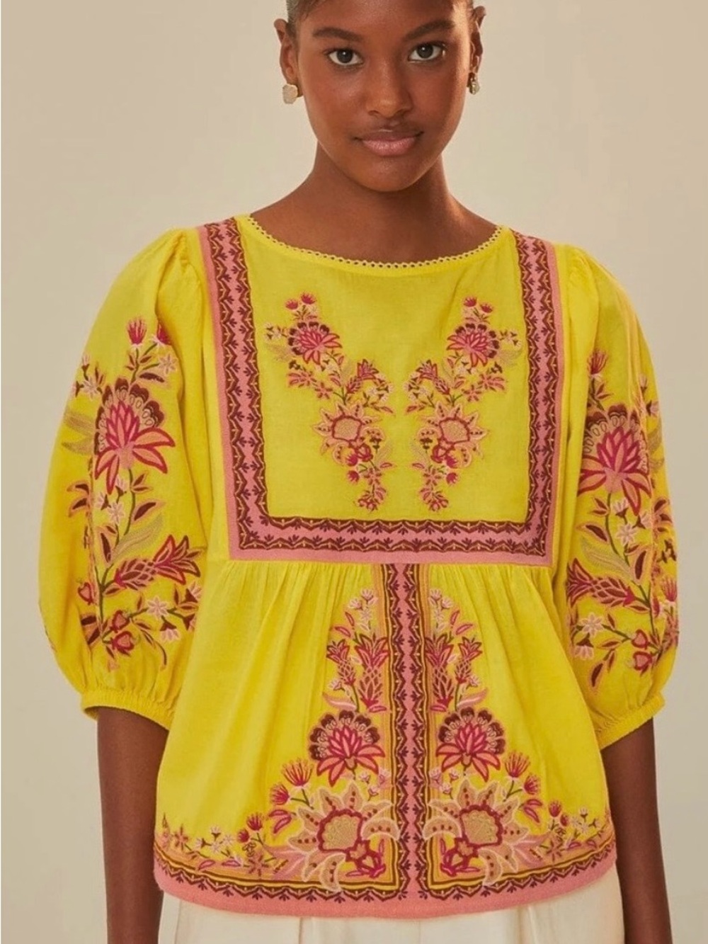 Farm Rio Tapestry  Yellow Embroidered Puff-Sleeve Top